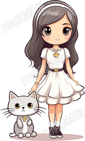 穿着白色裙子卡通女孩和灰色小猫插画