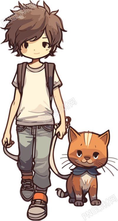 可爱男孩牵着猫咪创意插画设计素材