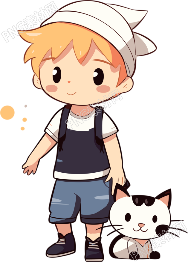 可商用卡通男孩和小花猫插画