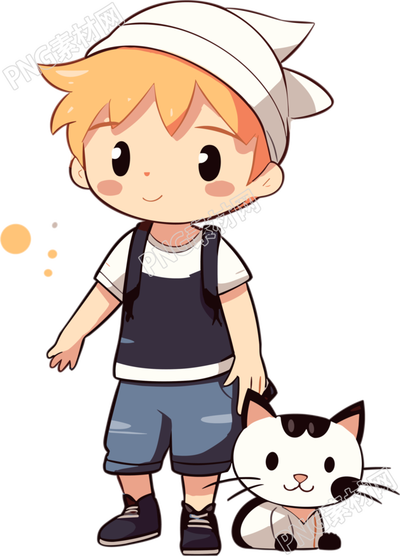 可商用卡通男孩和小花猫插画