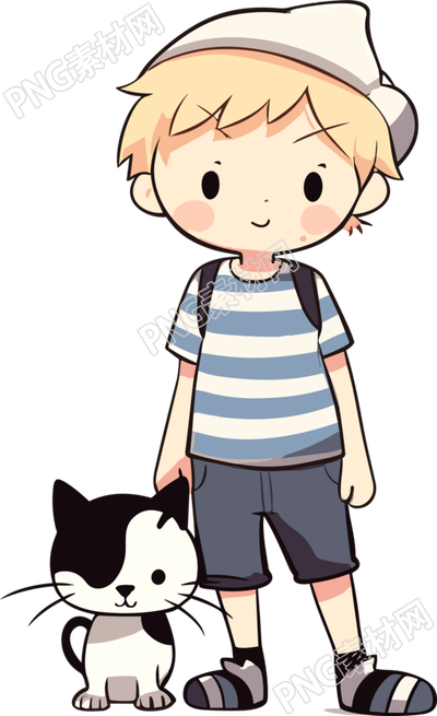 戴帽子的可爱男孩带领猫咪的插画素材