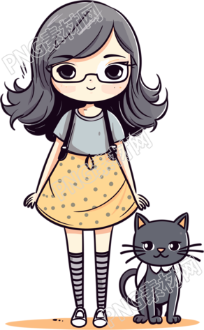 小黑猫和穿着连衣裙的女孩插画