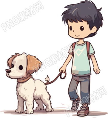 可爱男孩带领着狗狗散步插画