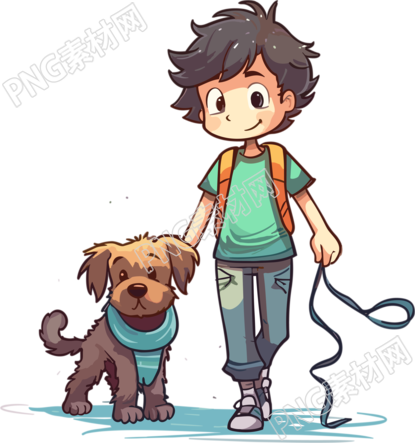 朝气蓬勃的男孩牵着狗插图