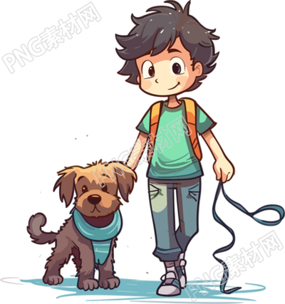 朝气蓬勃的男孩牵着狗插图
