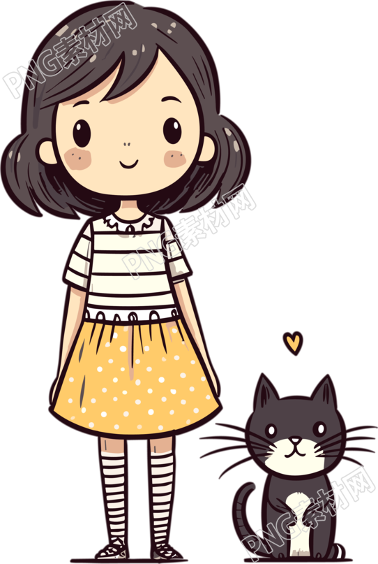 可爱女孩条纹上衣和猫咪插画
