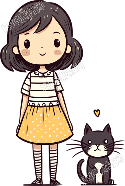可爱女孩条纹上衣和猫咪插画