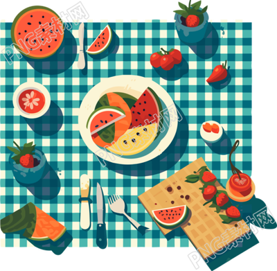 夏日野餐毯上美食冰凉西瓜插画
