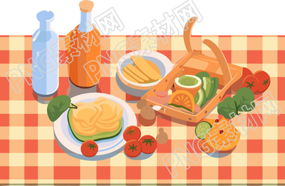 红色格子野餐毯美食插画素材