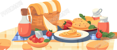户外聚会野餐毯子上的美食插画