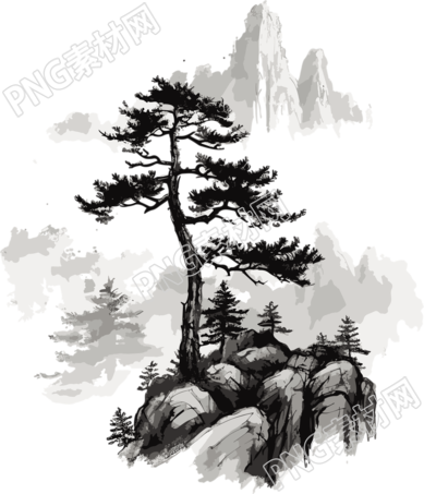 远山孤松插画白底高清PNG素材