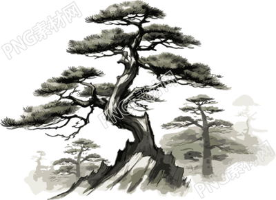 中国传统水墨画松树山脉素材