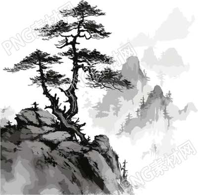 中国风水墨山林松树插画