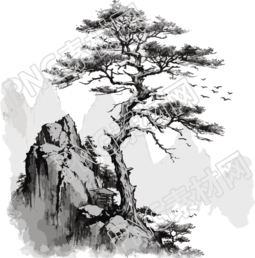 水墨松树高山素材插画