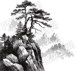 中国风高山上的松树插画