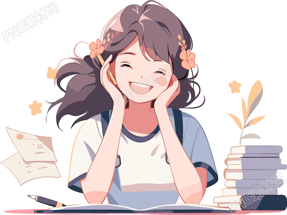 书桌前开心学习的学生插画素材