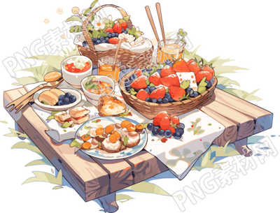 户外野餐毯子与美食插画素材