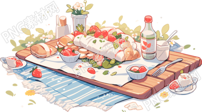 摆满美食的户外野垫高清插画素材