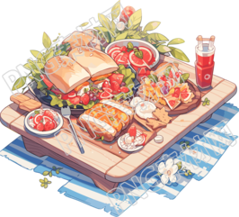 创意插画户外野餐毯上的美食透明背景元素