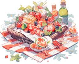 透明背景户外野餐毯上的美食插画