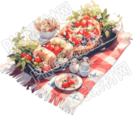 透明背景的野餐毯上的美食插图