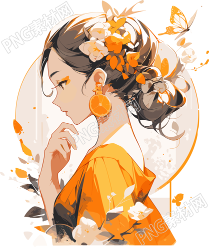 橙子水果少女简约线条插画