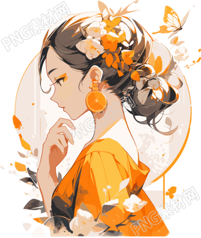 橙子水果少女简约线条插画