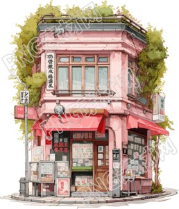 粉色街边小店浪漫漫画素材