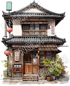 水彩插画日本建筑商用素材