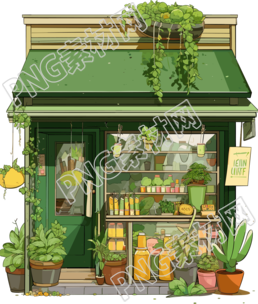 村落风格冰沙店铺橱窗插画