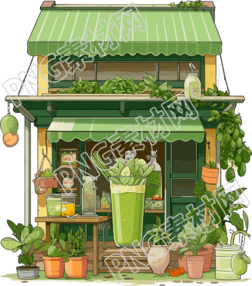 绿色冰沙店铺橱窗插画