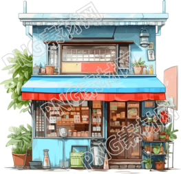 水墨画风格蓝色店铺卡通建筑素材