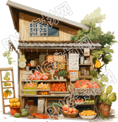 古典建筑风格秋季水果店插画