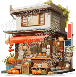 古典建筑风格的秋季水果店插画