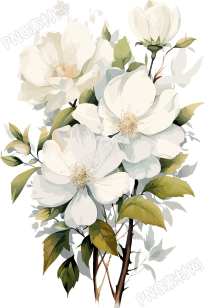水彩绘制的白色花朵创意设计插图
