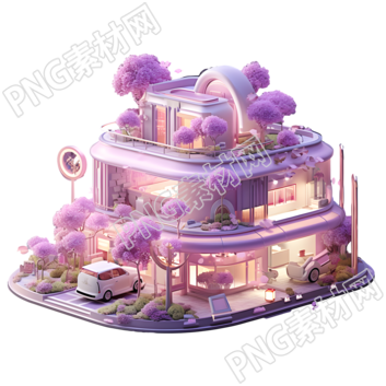 粉紫色购物建筑与车辆的插画