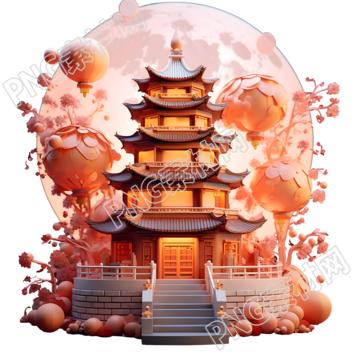 高清透明背景宝塔灯笼3D素材