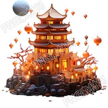广寒宫中式建筑的夜晚幻想插画