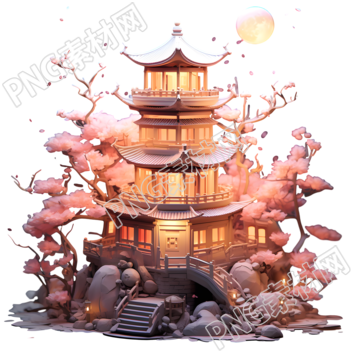 夜色下的粉色建筑广寒宫素材