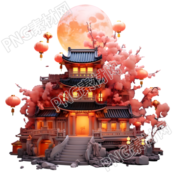 中式建筑满月下的广寒宫3D插图