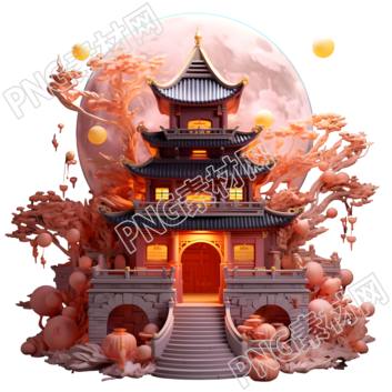 粉色满月古典建筑商用素材