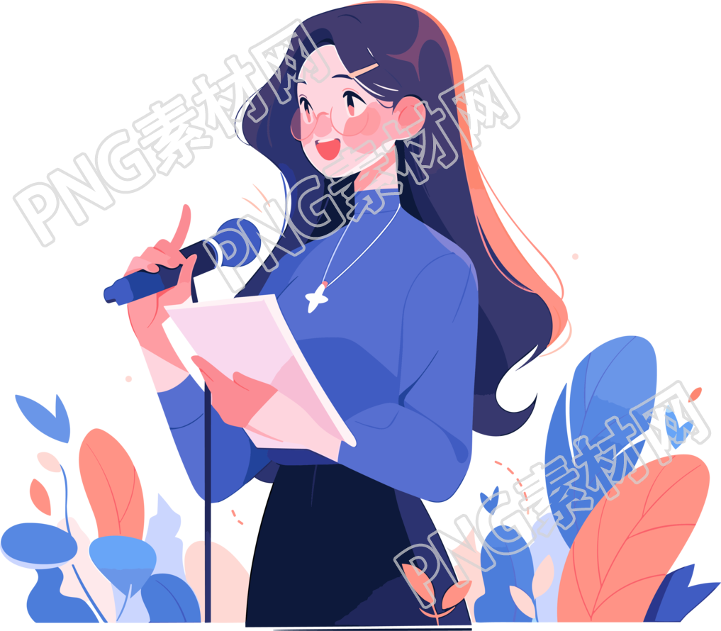 蓝色毛衣的演讲女生明亮平面设计素材