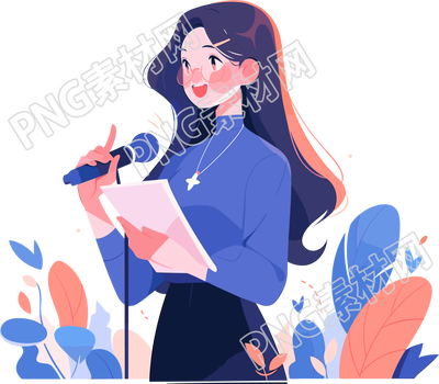 蓝色毛衣的演讲女生明亮平面设计素材