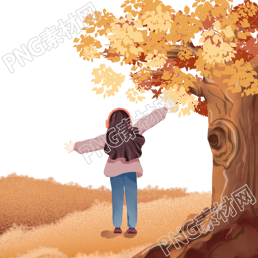 秋冬大树旁边的可爱女孩PNG插图