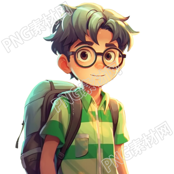 卡通男孩佩戴眼镜背着书包插画