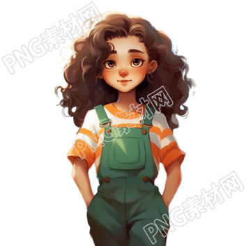 女孩绿色工装裙插画素材