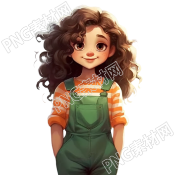 绿色工装裙中的卷发女郎插画