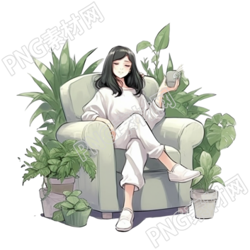 沙发旁的少女和绿植插画素材