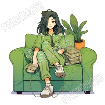 沙发旁大植物下的浪漫插画设计