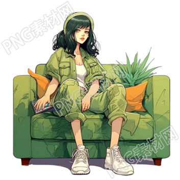 绿色沙发上的女生设计素材